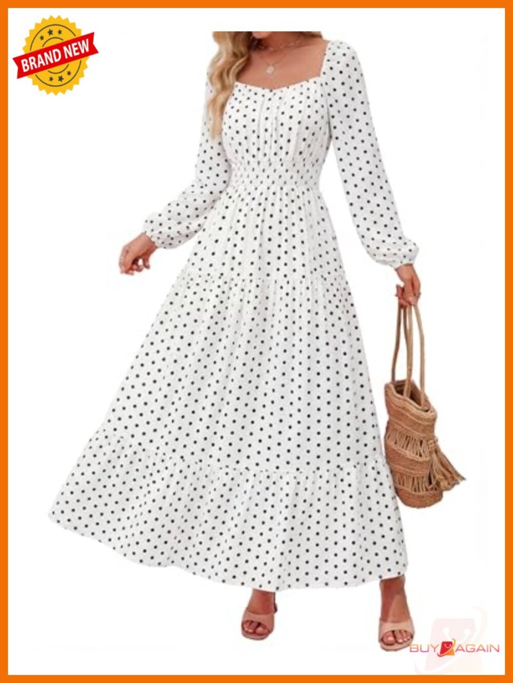 Women's Boho Floral Long Sleeve Square Neck Smocked A-Line Maxi Dress